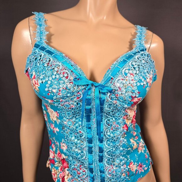 Y2K Blue Floral Lace Bustier Top Ribbon Bow Size M Fairy Feminine Coquette - Picture 1 of 10